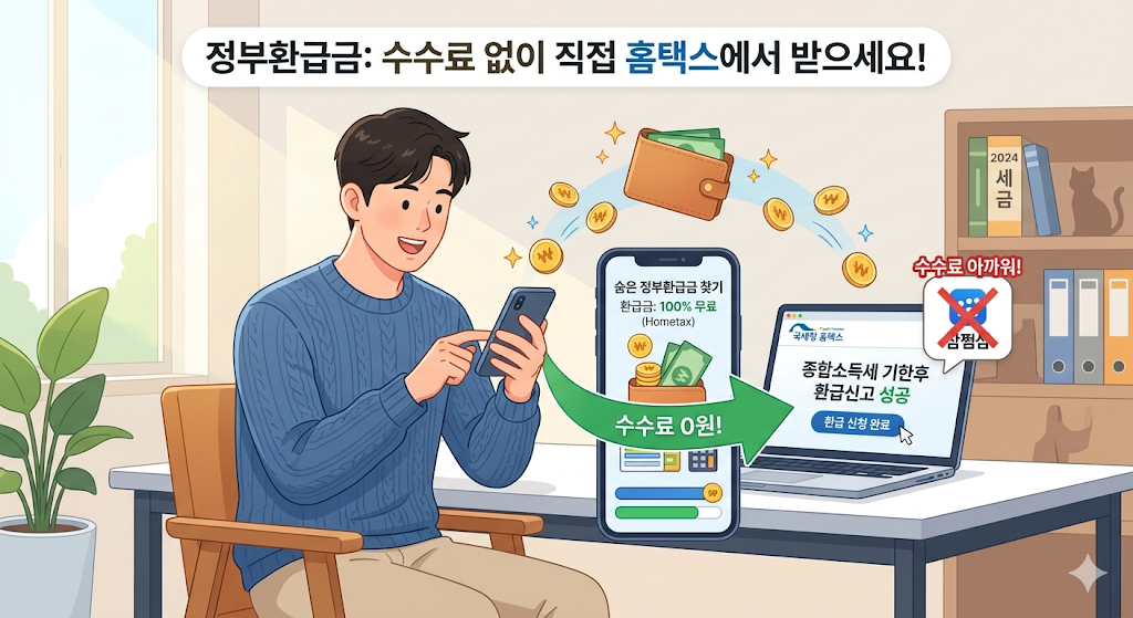 정부환급금을 홈택스에서 직접 신청해 수수료 없이 환급받는 방법을 안내하는 일러스트 이미지