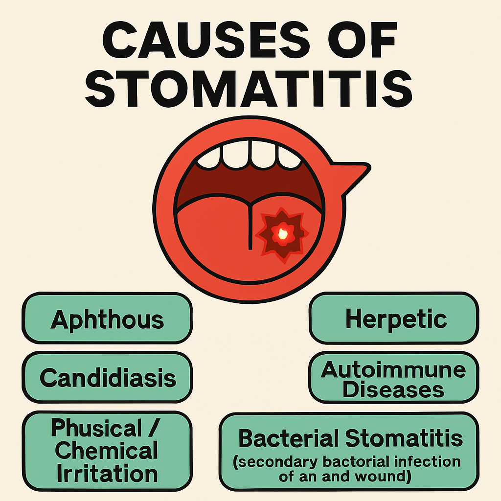 구내염 원인에 대한 설명으로 아프타,헤르페스,칸디다증,자가면역질환, 세균성, 약물성이 적혀있고 입모양과 궤양이 그려져있음