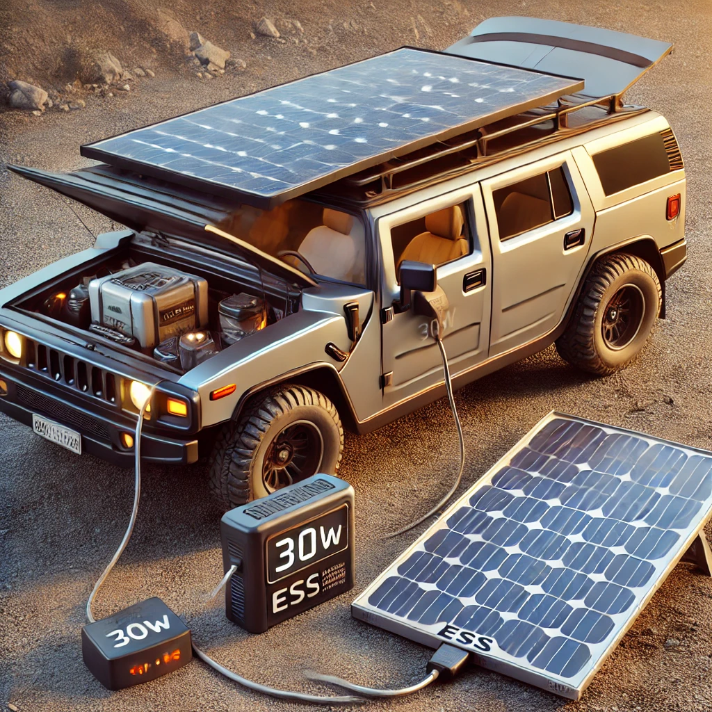 차량 시거잭으로 보조배터리를 충전하고 동시에 30W 태양광으로 ESS를 충전 중인 병행 전력 시스템