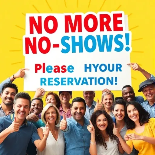 '노쇼는 이제 그만!', '당신의 예약, 지켜주세요!'와 같은 문구가 크게 적힌 밝고 긍정적인 느낌의 캠페인 포스터 이미지입니다. 사람들이 포스터를 주의 깊게 보거나 캠페인에 동참하는 듯한 제스처를 취하는 모습도 좋습니다.