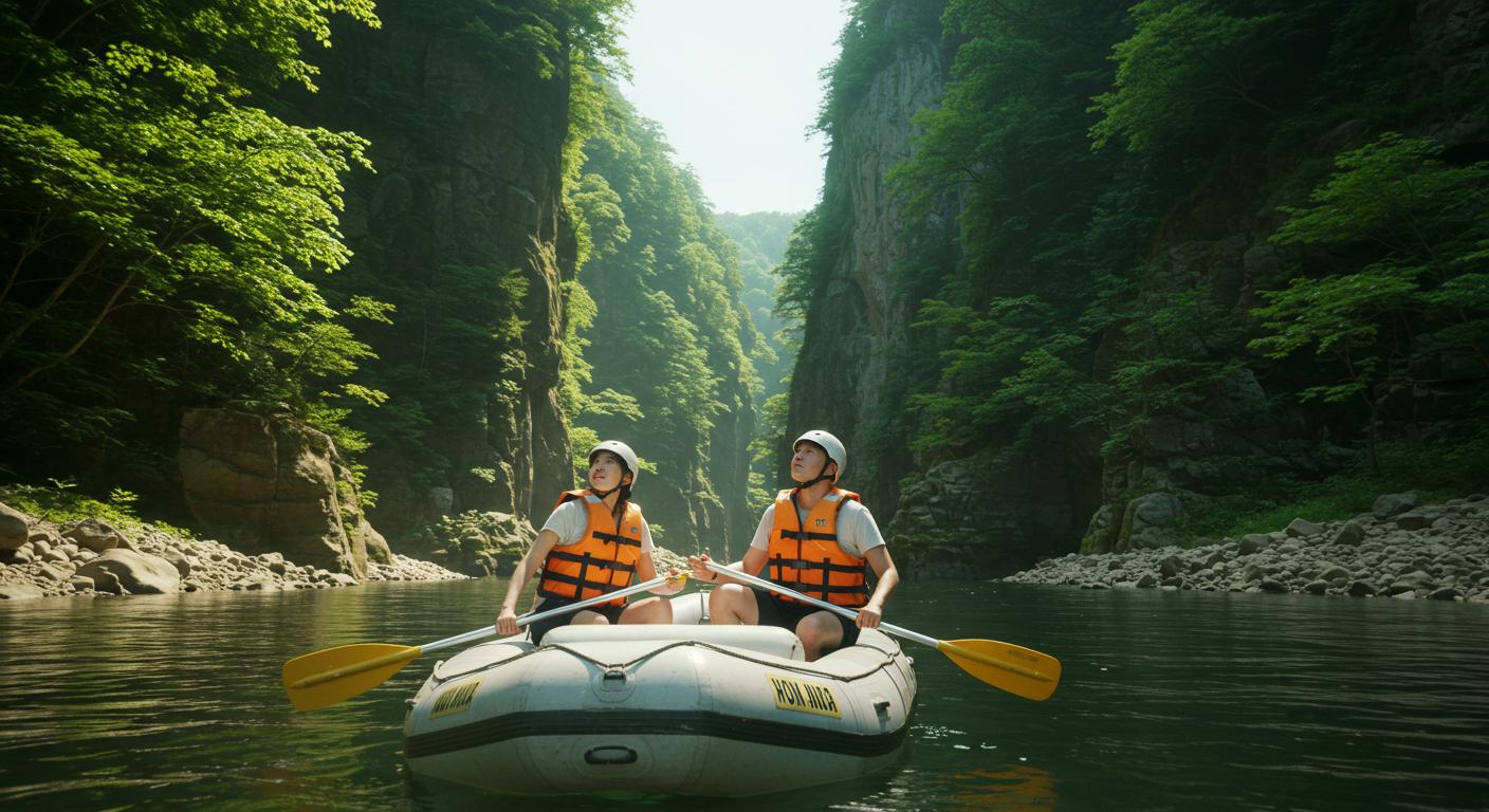 영월 동강에서 한국인 커플이 래프팅 보트 위에서 협곡의 절경을 감상하는 모습