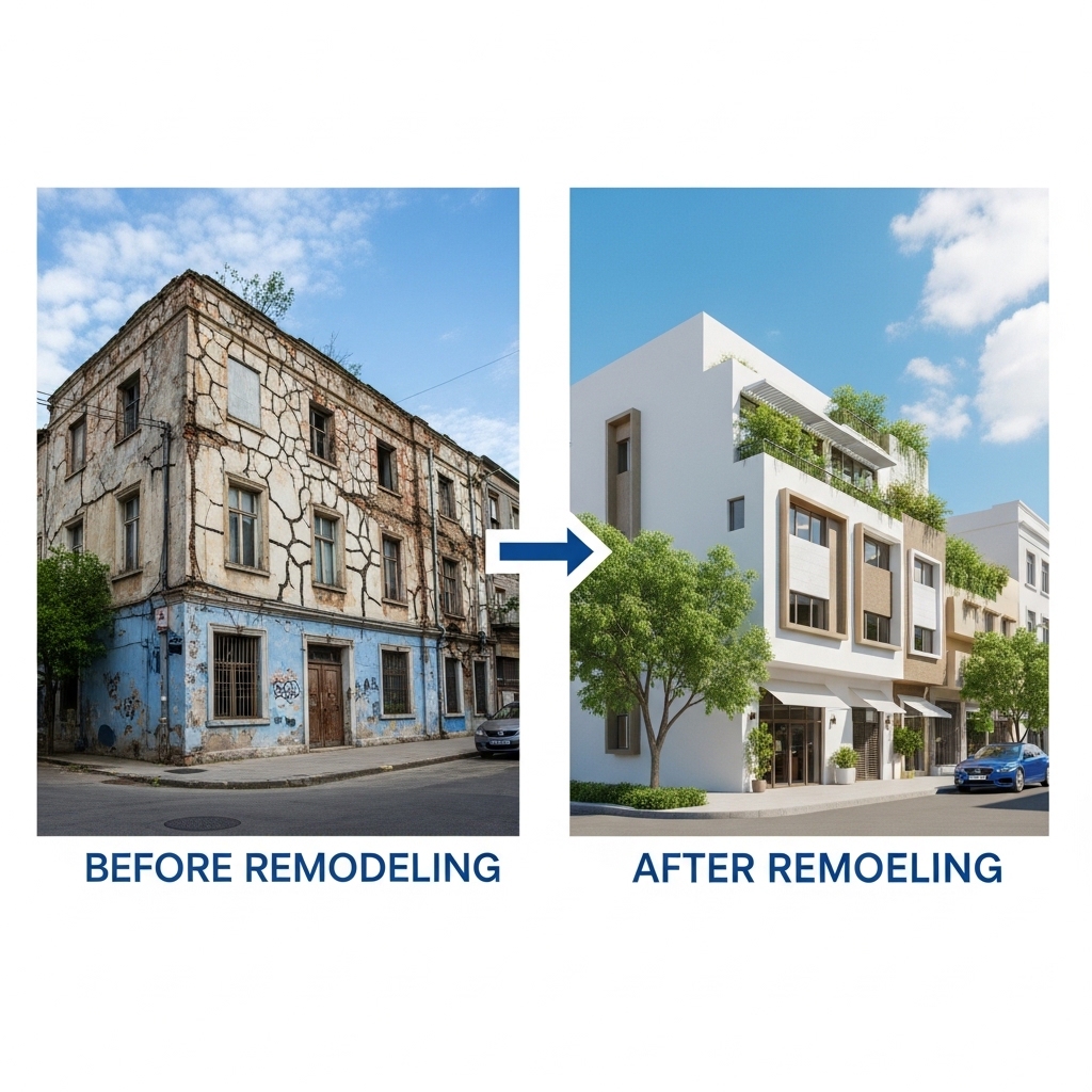 낡고 오래된 건물이 현대적으로 리모델링되어 가치가 상승한 모습을 비교한 이미지