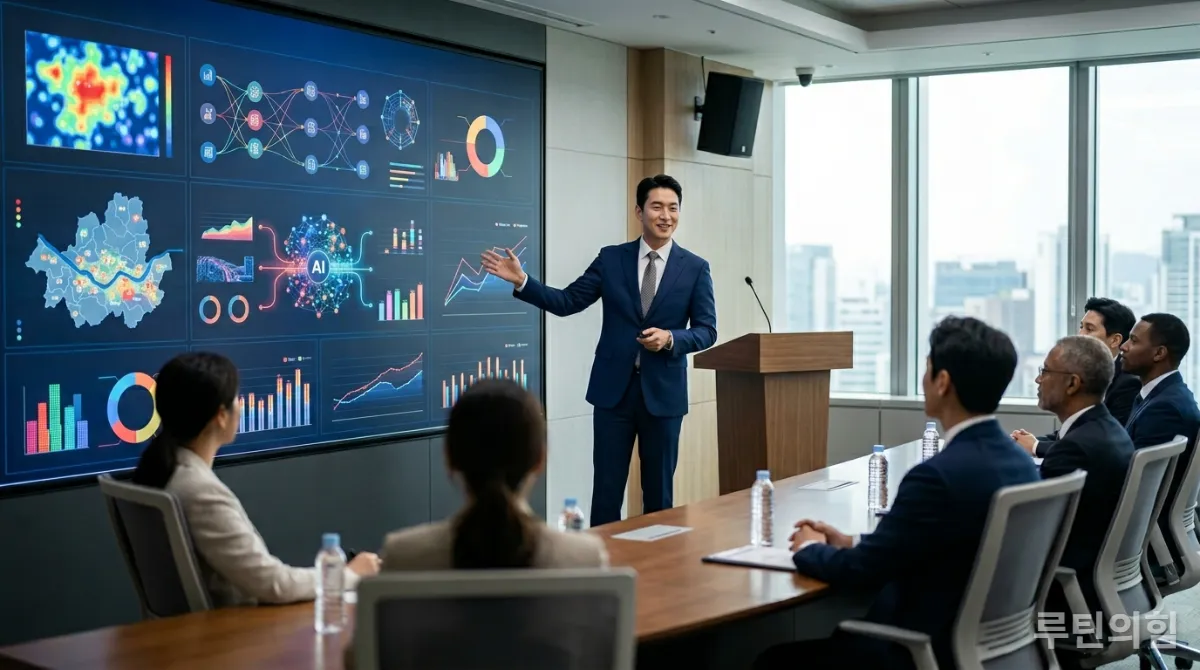 한국인 공무원이 AI 기술을 활용하여 보고서를 발표하는 모습.