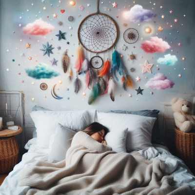 침대에서 편안하게 잠을 자고 있는 인물, 벽에 구름과 별들이 장식된 모습.