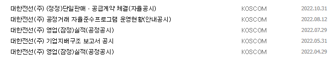 대한전선 공시 목록