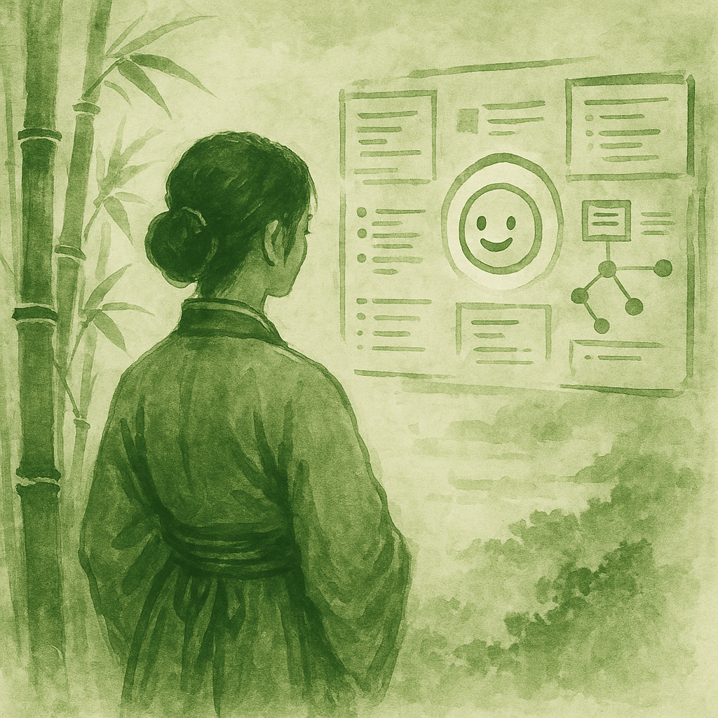 연두빛 수묵화풍의 그림. 젊은 여성이 대나무 옆에서 자신의 자산관리 데이터를 바라보고 있다. 조용한 확신과 시간의 미학이 느껴지는 &lsquo;자수성가 설계자 현주&rsquo; 세계관의 테마 삽화.