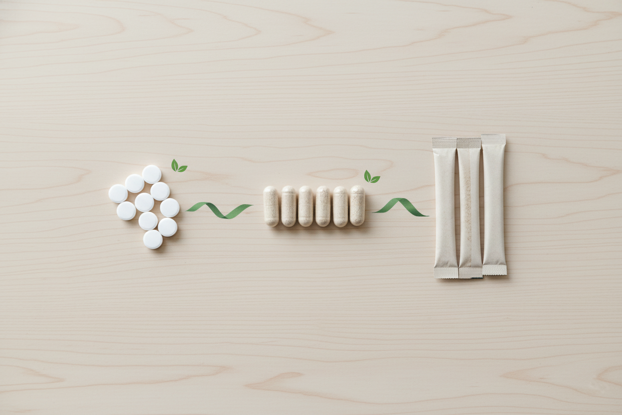 정제, 캡슐, 가루 스틱 세 가지 형태의 유산균을 나란히 놓고 비교하는 장면