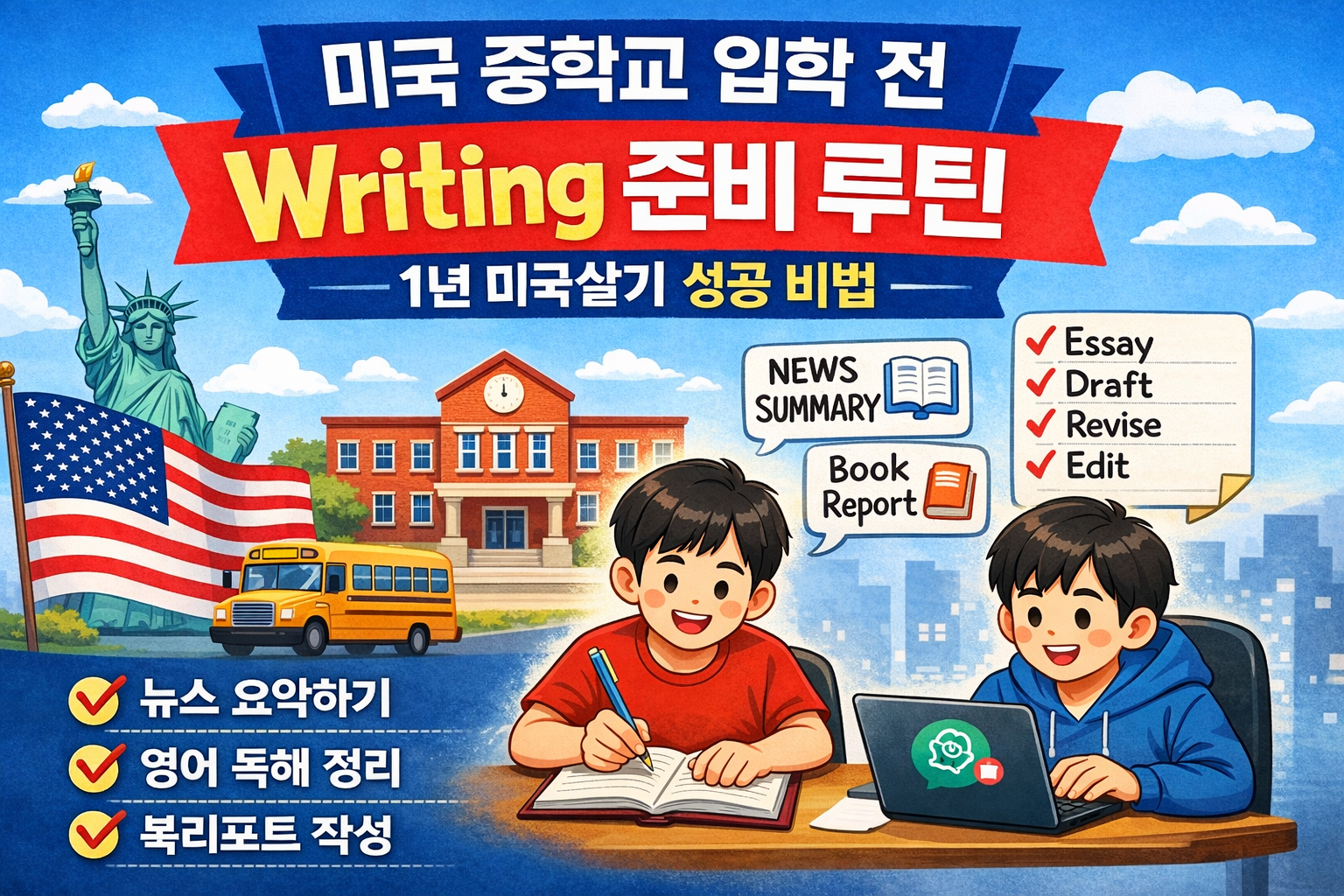 미국 공립학교 입학 준비를 위한 중학생 영어 Writing 루틴 정리 이미지