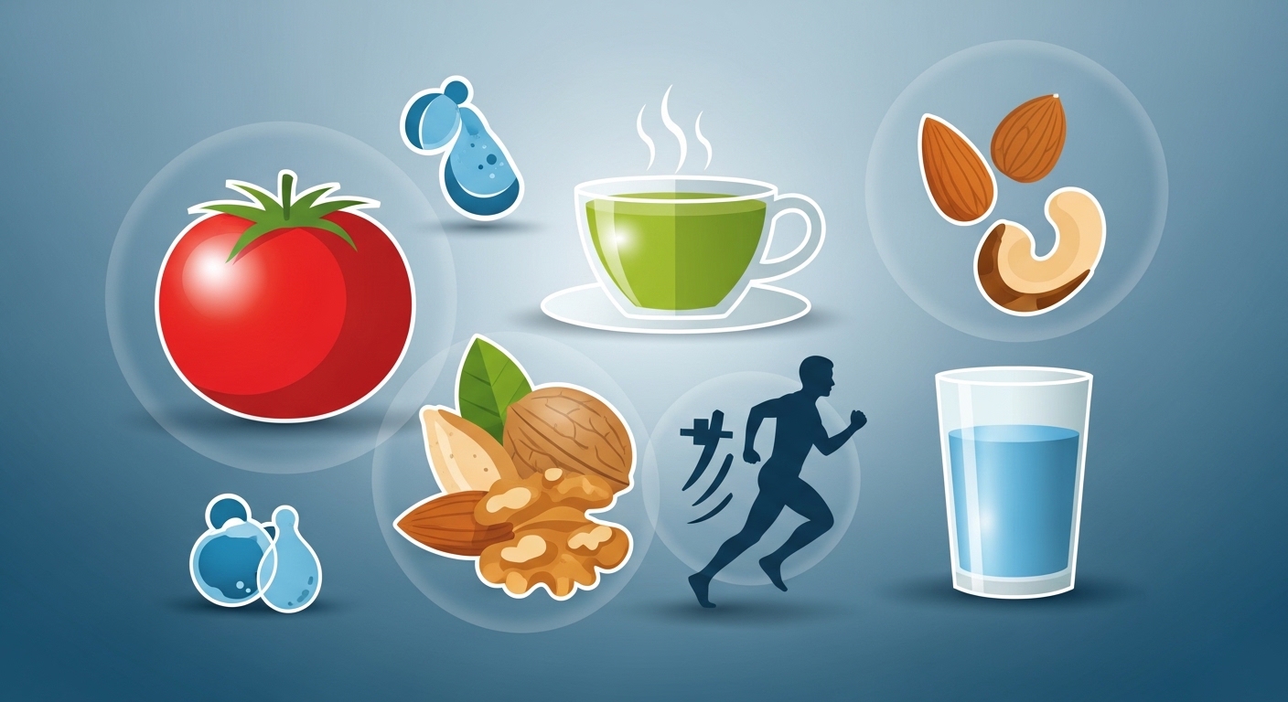 전립선 건강을 위한 건강한 생활 습관을 나타내는 시각적 이미지. 토마토, 녹차, 견과류, 운동하는 사람, 물 잔 등의 요소를 통해 예방의 중요성을 강조합니다.