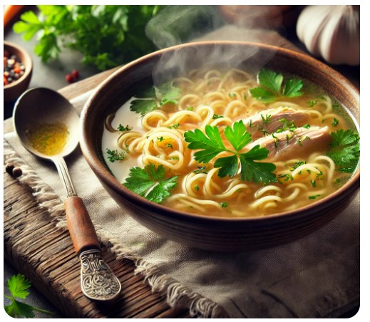 A warm bowl of chicken noodle soup