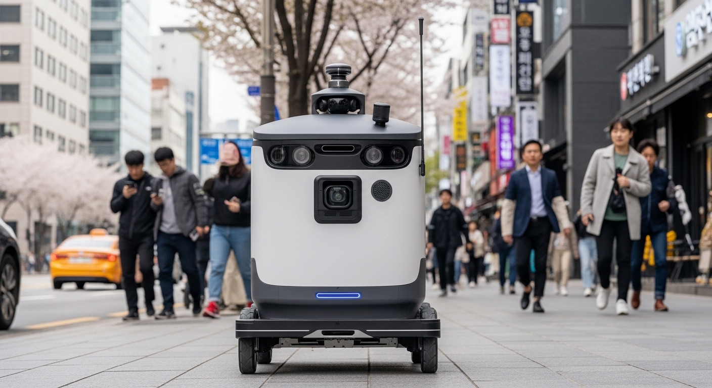 Korean autonomous delivery robot navigating a busy sidewalk in Seoul