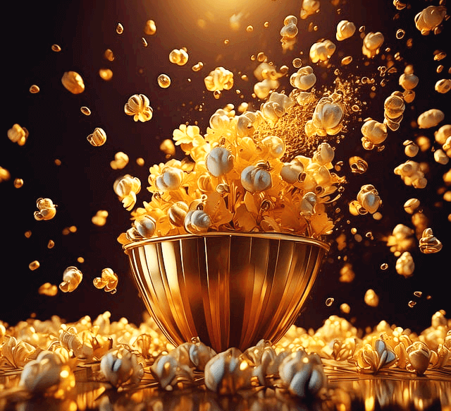 영화볼 때 먹는 팝콘이 황금색 그릇에 가득하다. 그리고 수많은 판콘들이 사방으로 튀어오르고 있다.