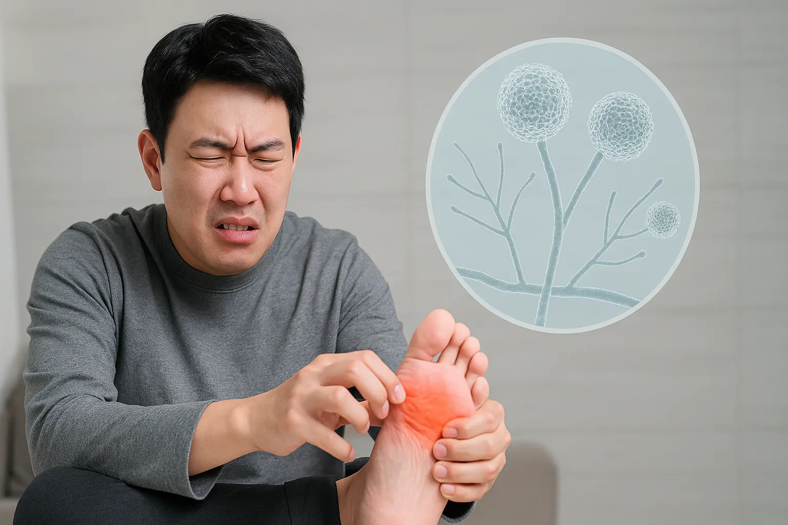 발바닥을 긁으며 불편한 표정을 짓는 한국인 남성