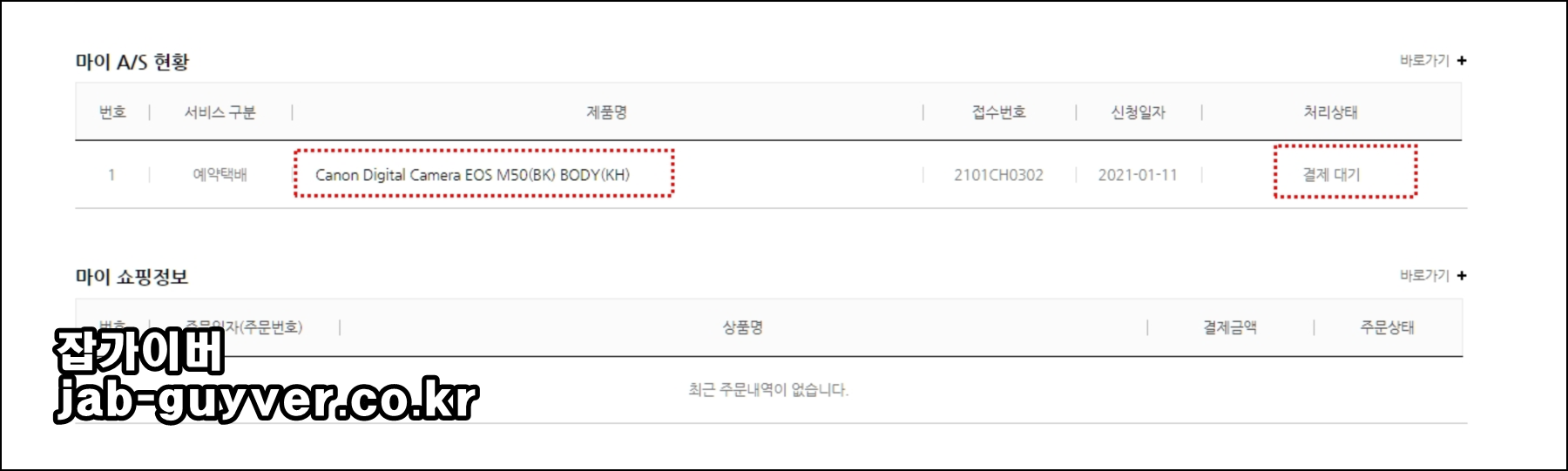 캐논 서비스센터 점검 결과로 셔터막 고장을 안내하는 화면 예시