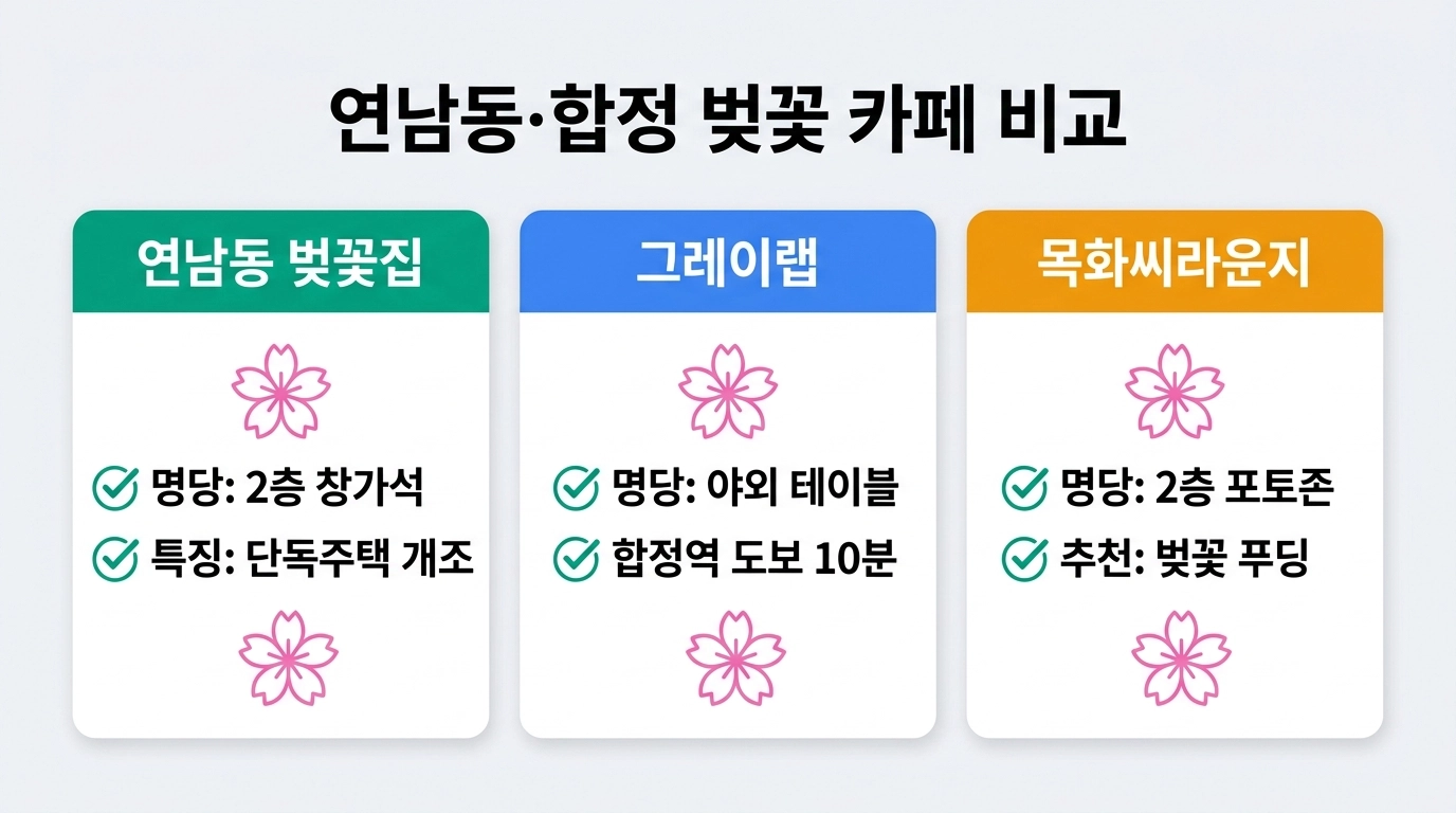 서울 연남동 벚꽃집 합정 그레이랩 목화씨라운지 벚꽃 카페 비교 인포그래픽