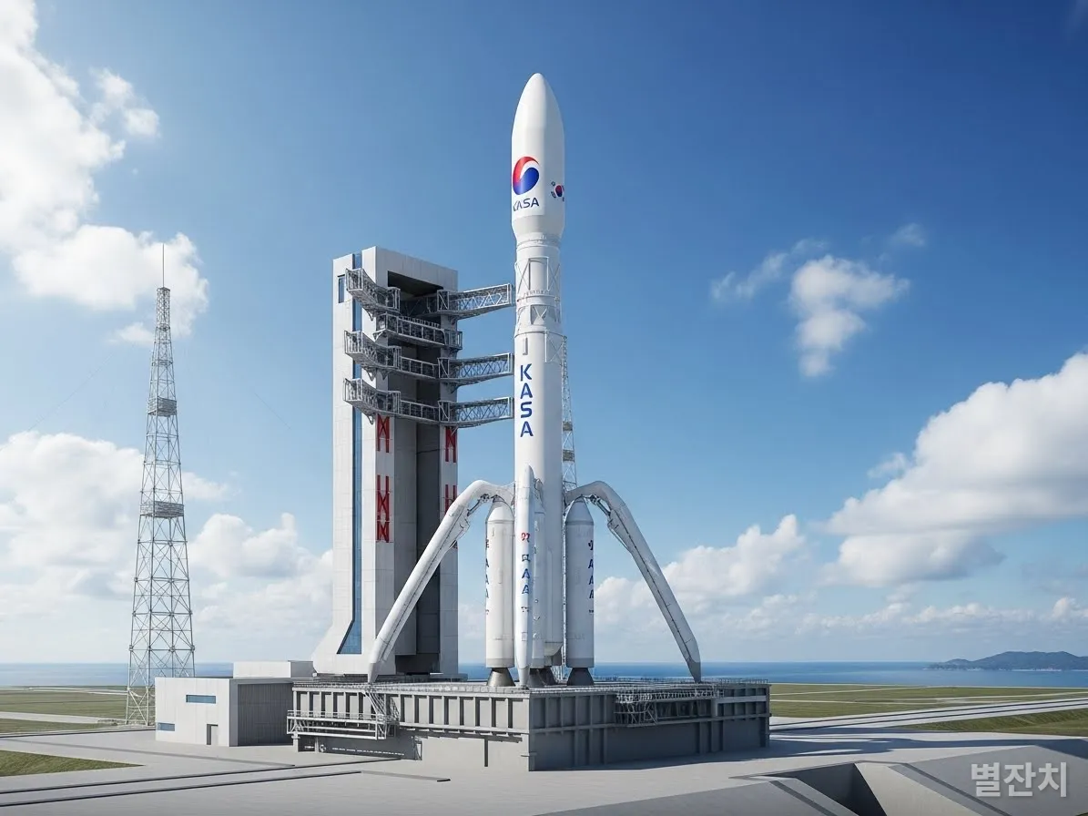 재사용이 가능한 차세대 발사체 KSLV-III가 발사대에 서 있는 웅장한 모습과 KASA 로고