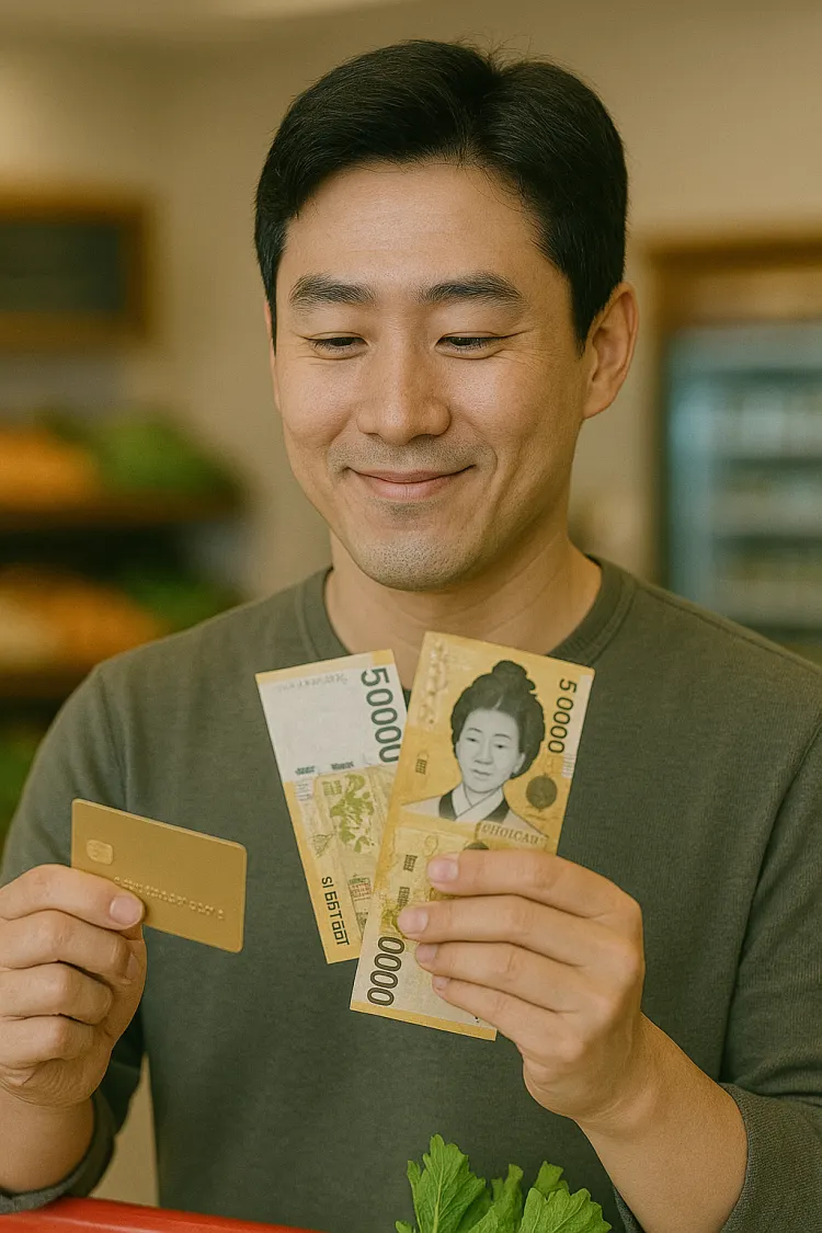 민생회복지원금 사용이 안되는 마트에서 장을 보고 있는 남자