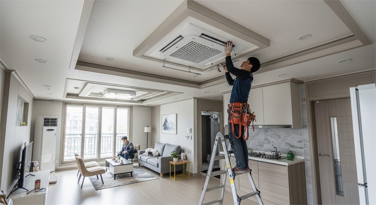 천장형 시스템 에어컨을 사다리 위에서 청소하는 전경 