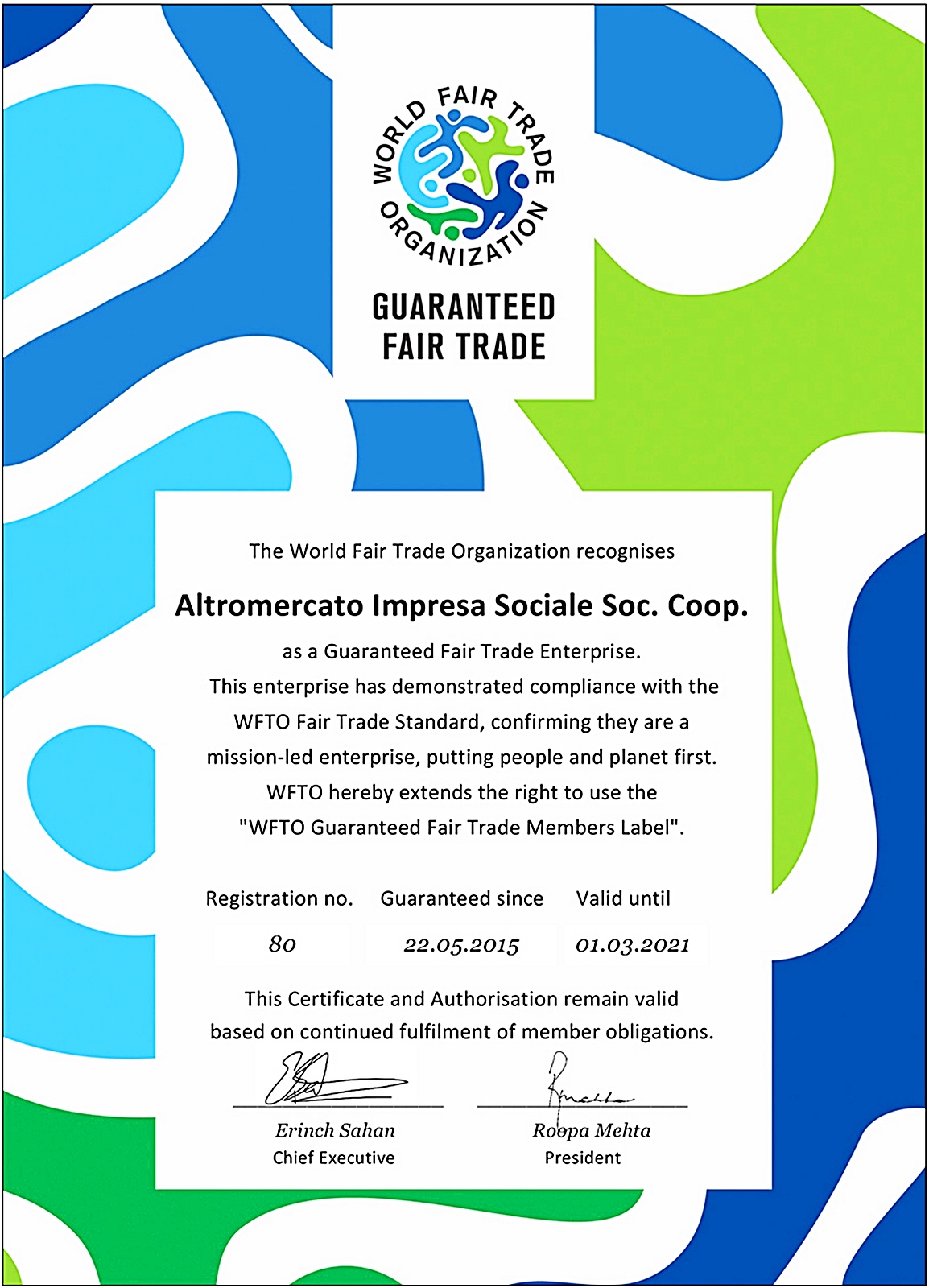 알트로메르카토의 공정무역 인증서