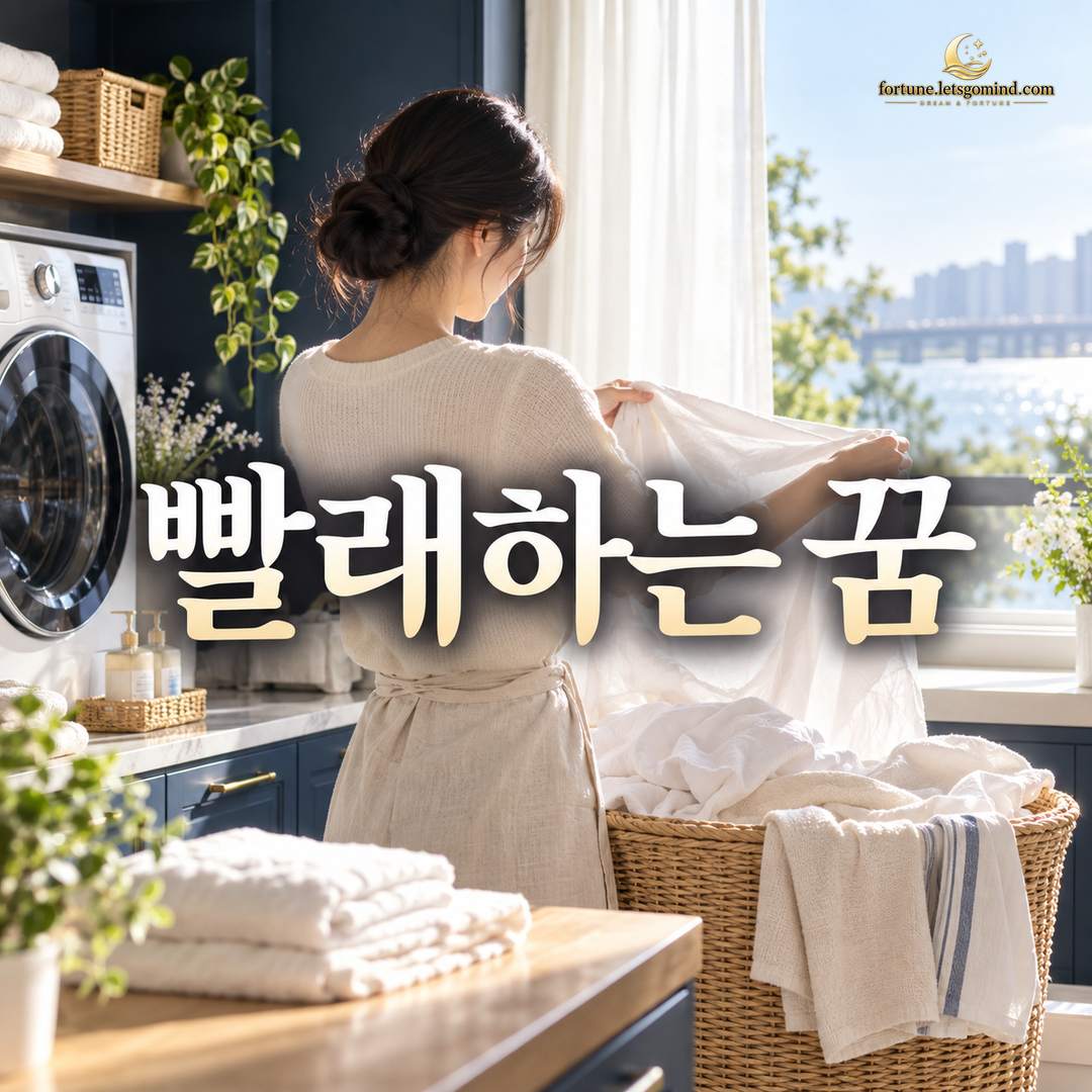 빨래하는 꿈 제목과 햇살 아래 빨랫감을 정리하는 장면