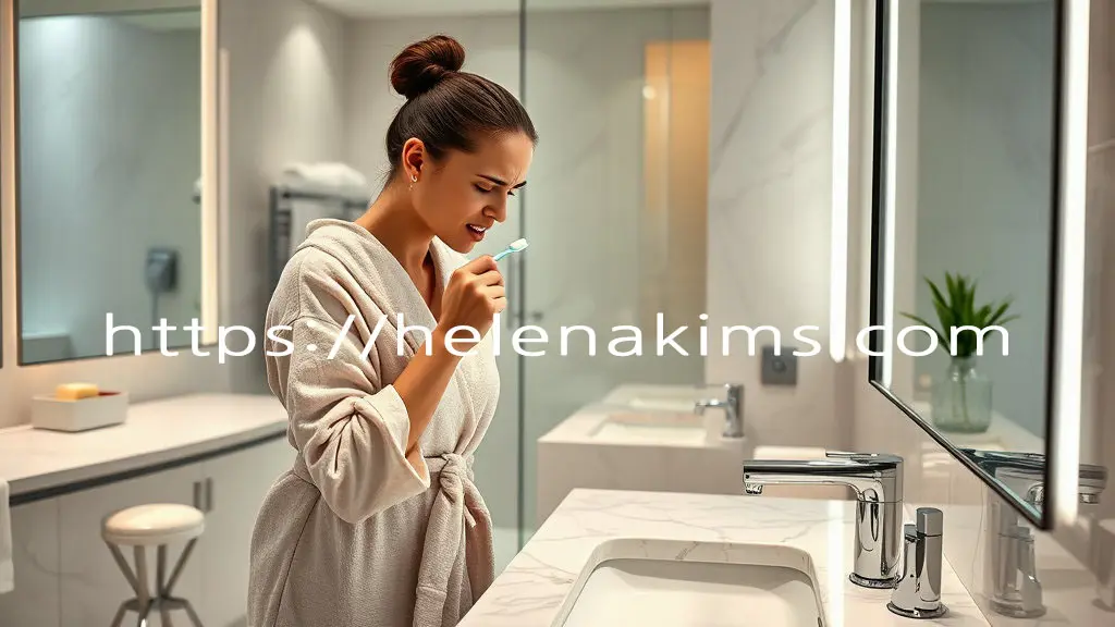 욕실에서 양치하는 여성이 치아 통증으로 아파하는 모습.