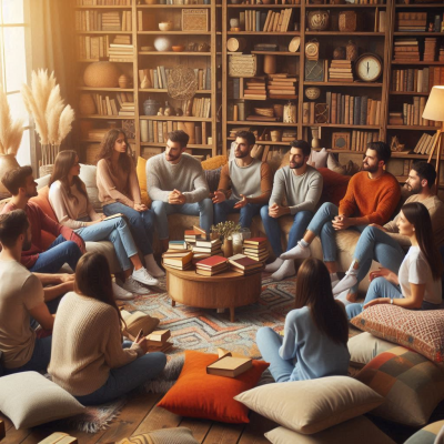 사람들이 원형 카페트 위에 앉아 대화하는 장면.