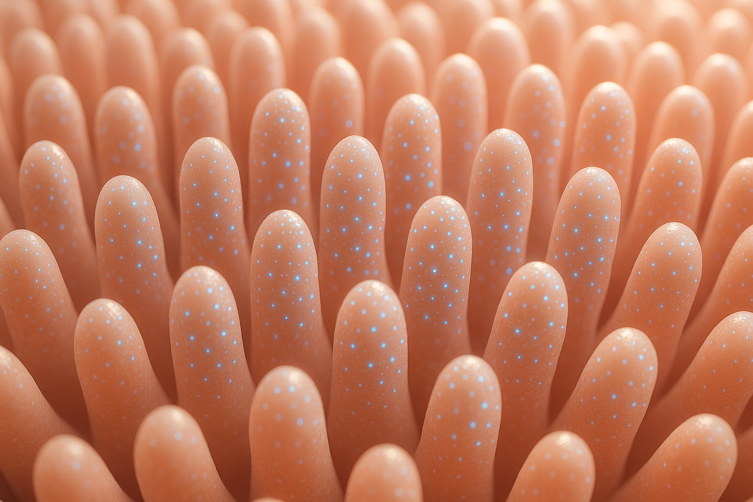 락타아제가 나오는 소장의 융털(villi) 표면을 묘사한 이미지, 실제 고증과는 다른 교육용 참조 이미지