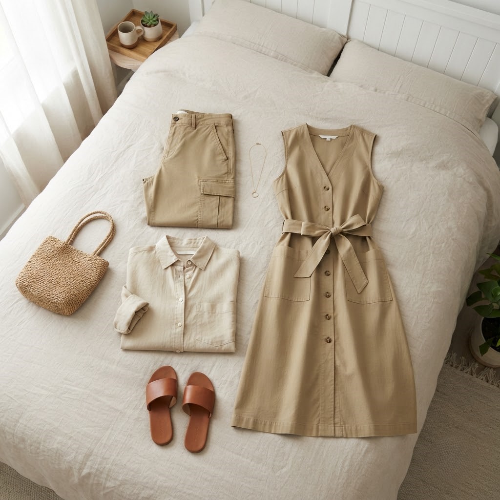 Flat lay photography of khaki colored clothing items (cargo pants, shirt, dress) arranged neatly on a light beige bed, soft natural window light, minimal aesthetic, top-down view, editorial fashion styling