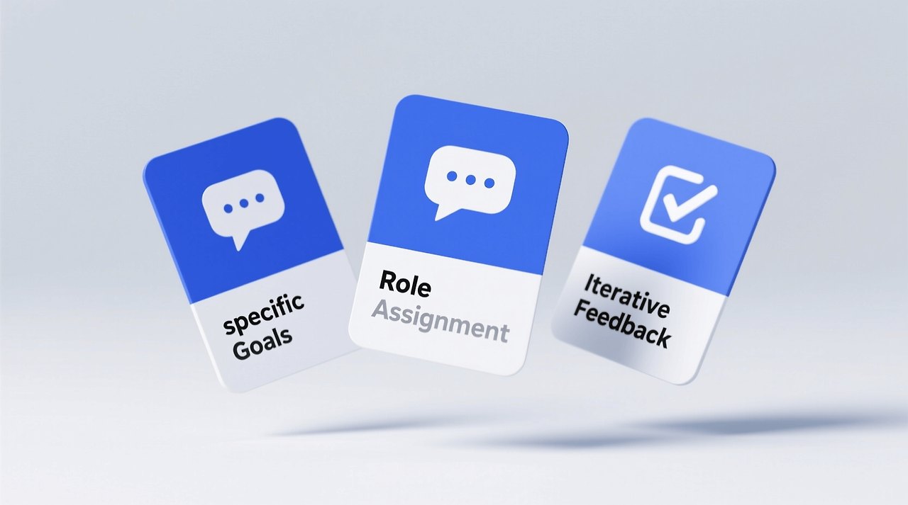 AI 에이전트를 효과적으로 활용하기 위한 구체적 목표 설정, 역할 부여, 피드백 반복의 세 가지 프롬프트 팁 일러스트
