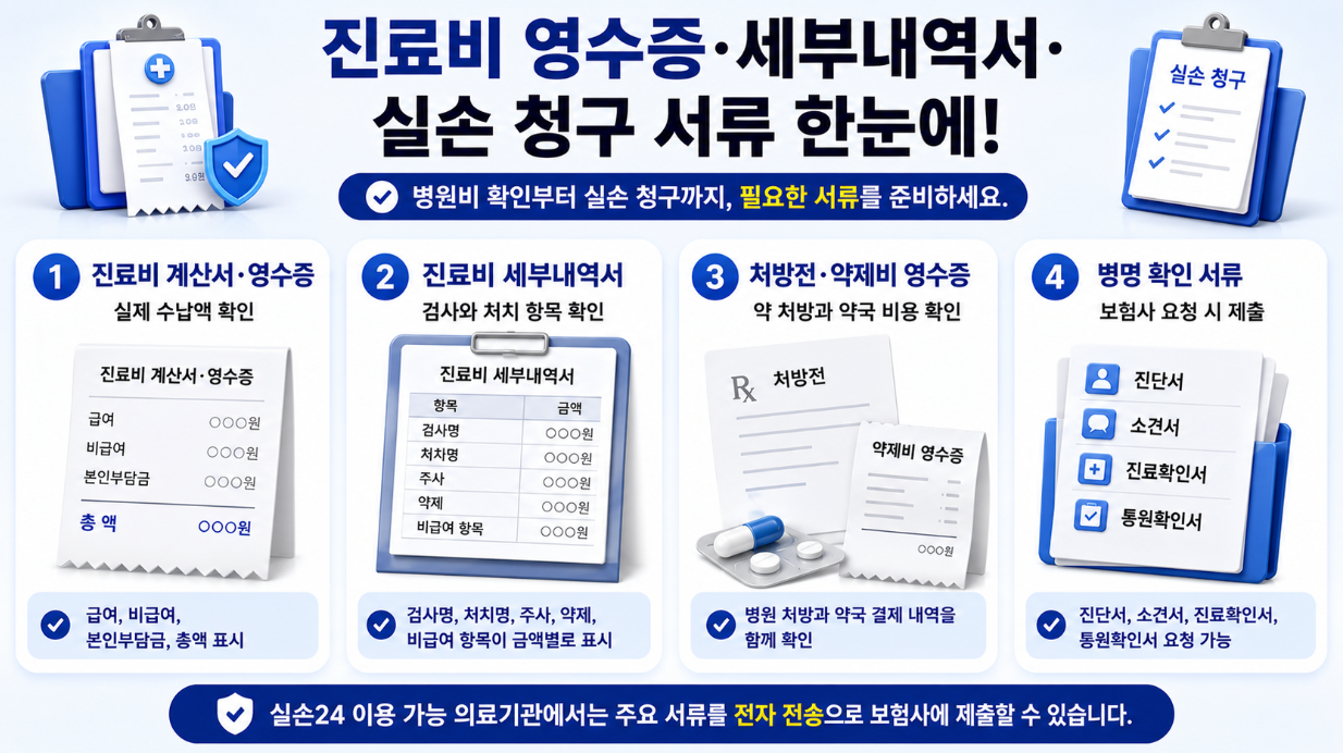 6. 진료비 영수증, 진료비 세부내역서, 처방전, 약제비 영수증, 병명 확인 서류를 안내하는 실손 청구 인포그래픽