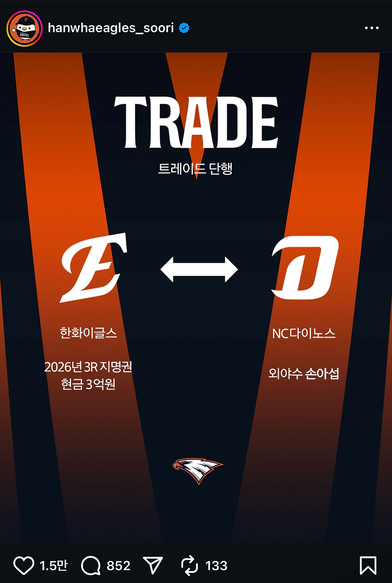 한화트레이드, NC다이노스 손아섭 - 3R 지명권+3억원