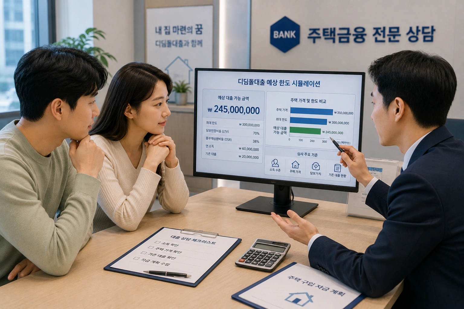 은행 상담사가 디딤돌대출 예상 한도 시뮬레이션을 설명하며 신혼부부가 대출 가능 금액을 확인하는 모습