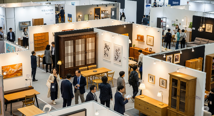 박람회장 전경, 활기찬 분위기 속에서 다양한 가구들이 전시된 모습