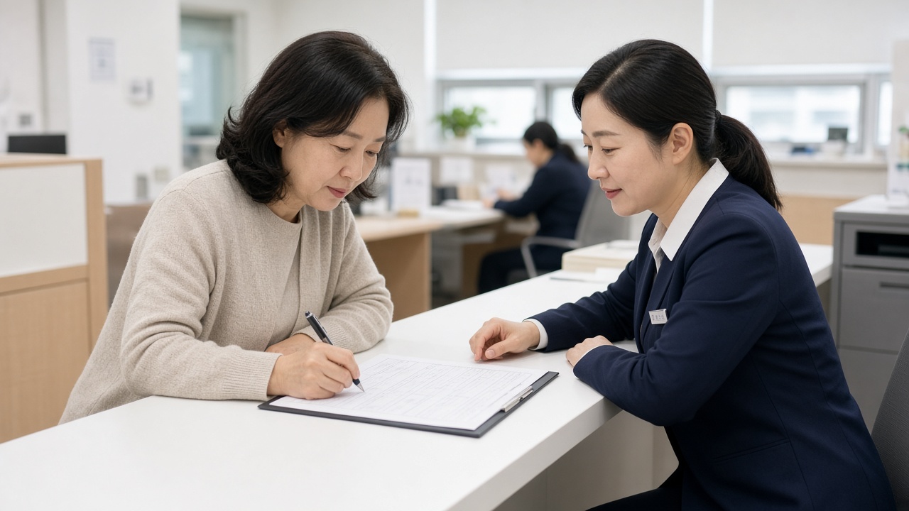 밝은 행정복지센터 창구에서 40대 한국인 여성이 직원의 안내를 받으며 신청서를 작성하는 모습
