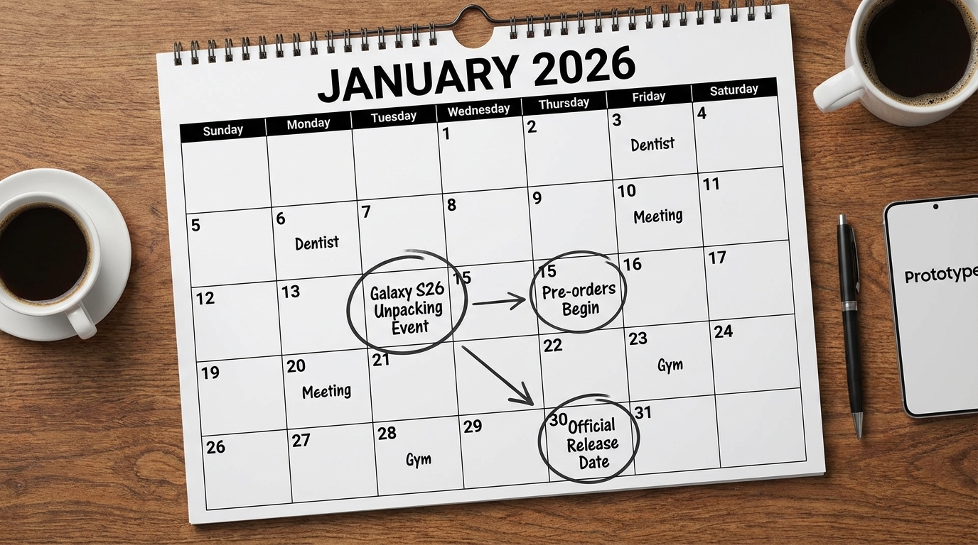 2026년 1월 갤럭시 S26 언팩부터 사전예약, 출시일까지의 일정을 담은 달력 이미지