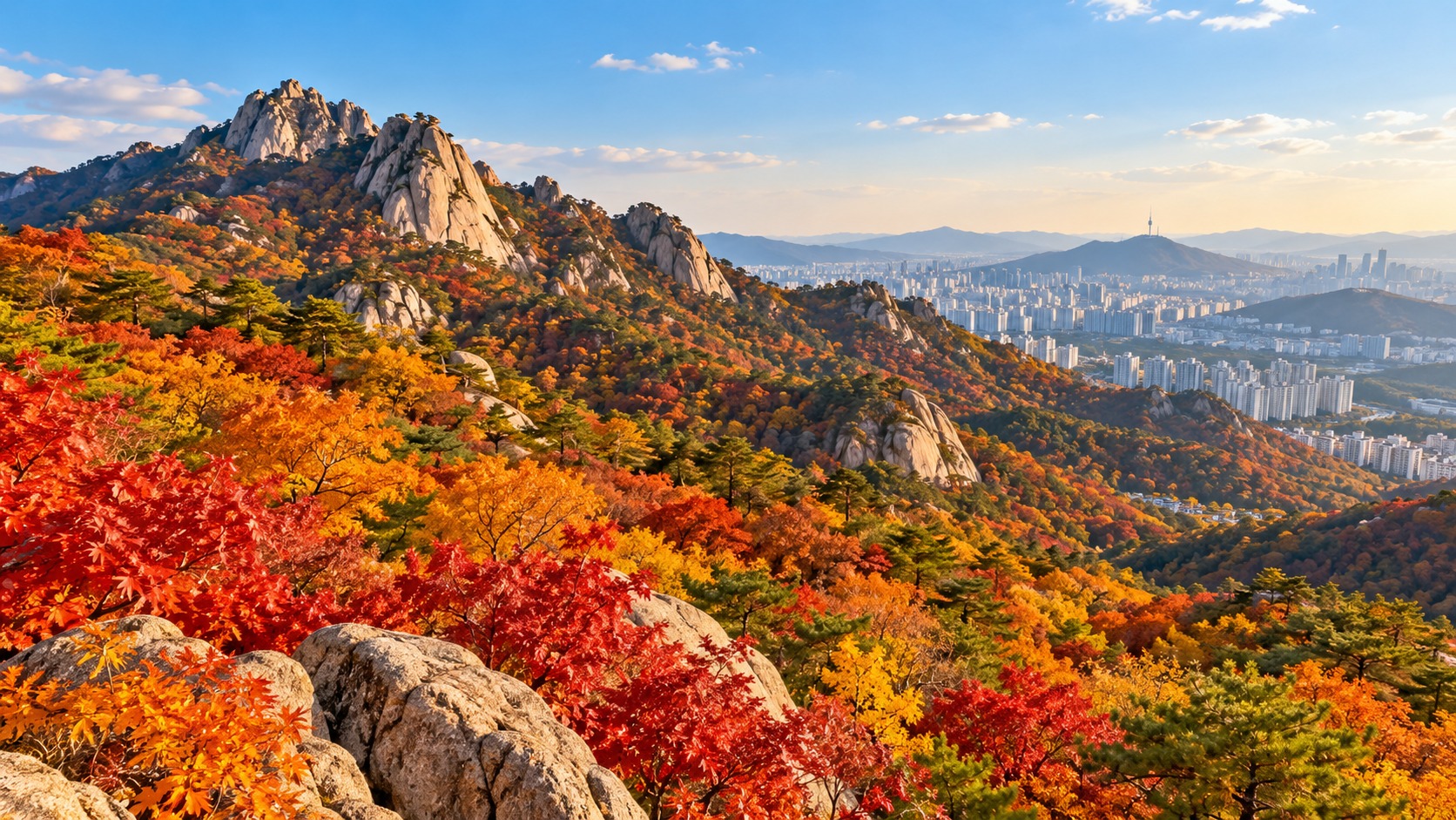 설악산의 암봉과 계곡을 붉고 주황빛 단풍이 둘러싼 가을 산 풍경