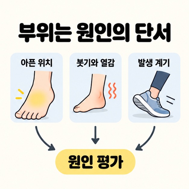 아픈 위치를 나타낸 발과 열감 표시가 있는 발, 운동화를 신은 발의 발생 계기를 각각 원인 평가로 연결한 그림