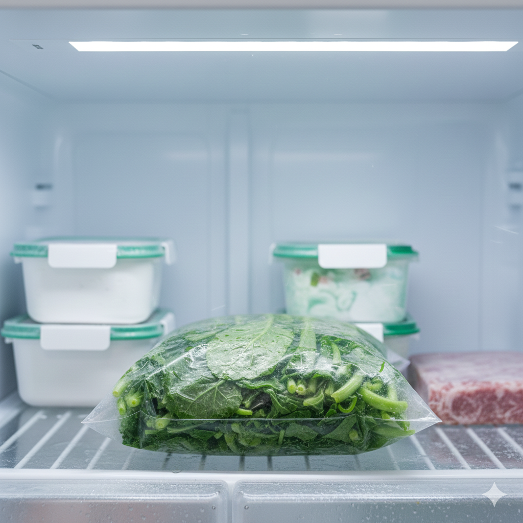 끓는 물에 살짝 데쳐 물기를 꽉 짠 후, 지퍼백에 소분한 냉동 갓