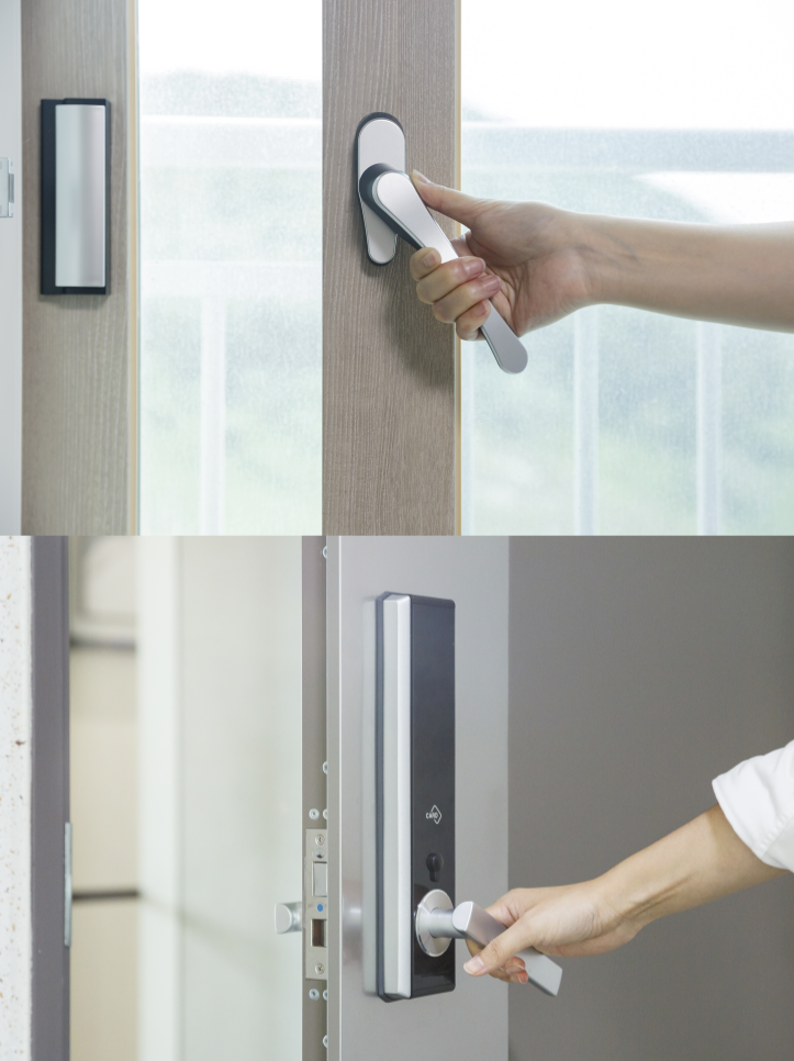 환기 시 주의사항을 설명하는 이미지로, 창문은 열고 현관문은 닫아야 하는 꿀팁을 보여주는 장면