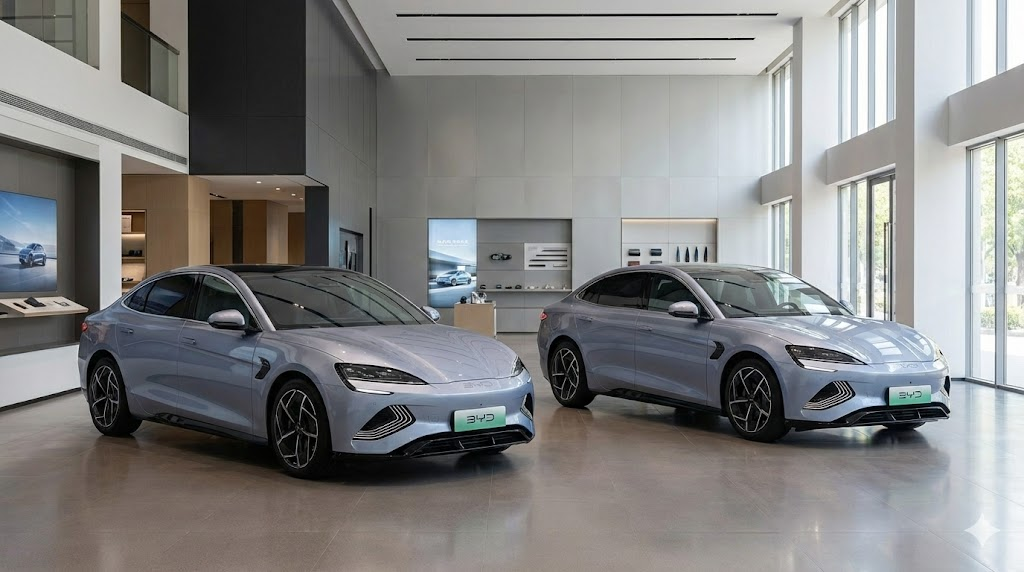 최신 자동차 전시장에 배치된 하이브리드와 전기차 모델의 세련된 비즈니스 컷