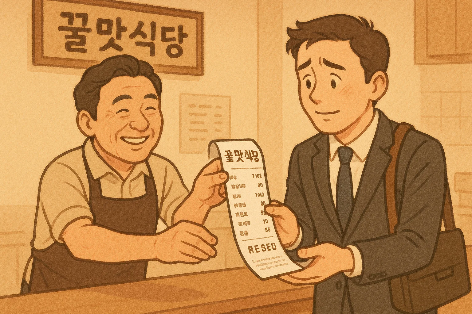 가게 주인이 고객에게 상호가 정확히 찍힌 정상 영수증을 건네주며 미소짓는 모습