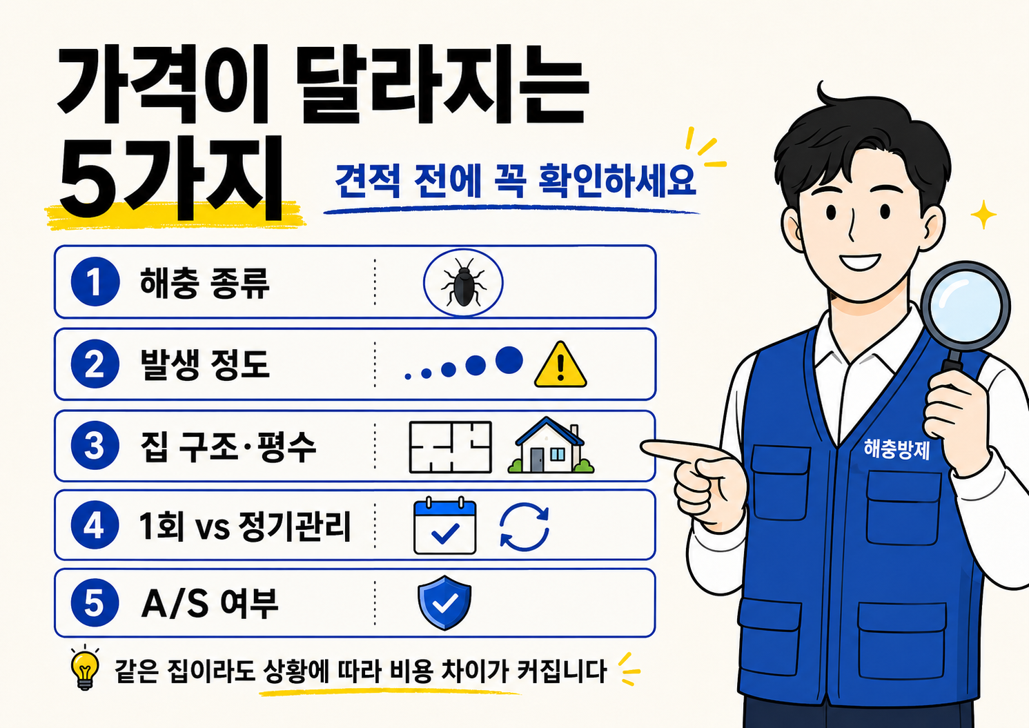 해충방제 비용이 달라지는 기준으로 해충 종류, 발생 정도, 집 구조와 평수, 1회 방역과 정기관리, A/S 여부를 정리한 안내 이미지