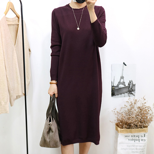 보들 라운드 긴팔 니트 롱 원피스