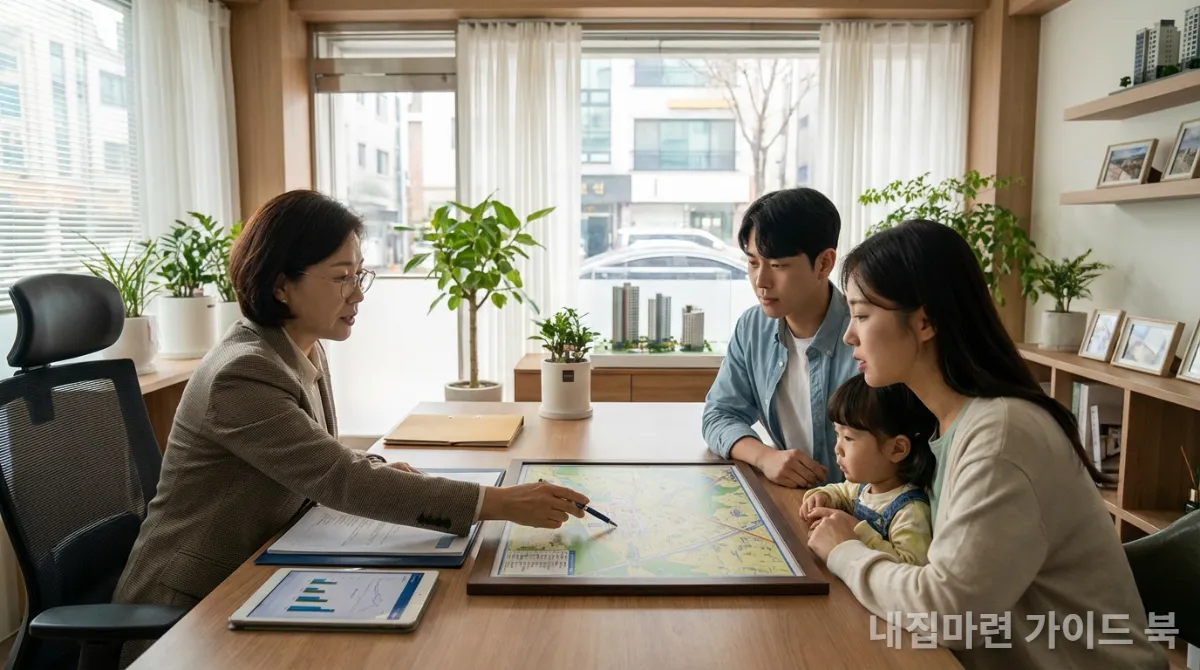 부동산 전문가와 상담하는 한국인 가족