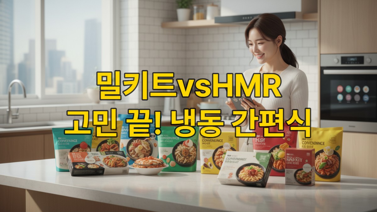 2026년 한국의 세련된 주방에서 미소 짓는 젊은 여성이 다양한 냉동 간편식과 밀키트를 보고 있는 모습. 편리하고 건강한 식사를 상징합니다.