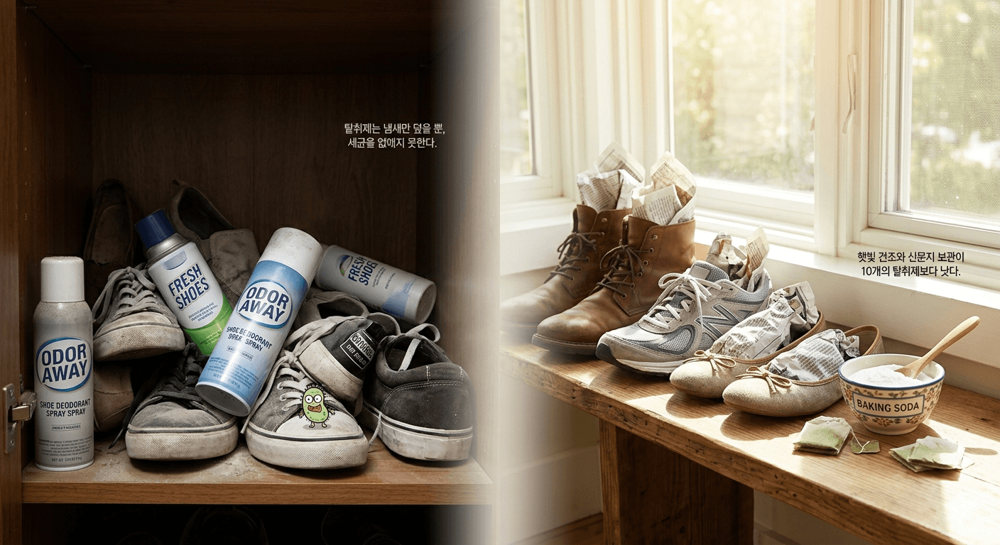 어두운 신발장 안에 쌓여 있는 신발 탈취제 스프레이들과 대비되어, 햇살이 잘 드는 창가에서 신문지와 베이킹소다를 활용해 쾌적하게 건조되고 있는 신발들의 비교 이미지