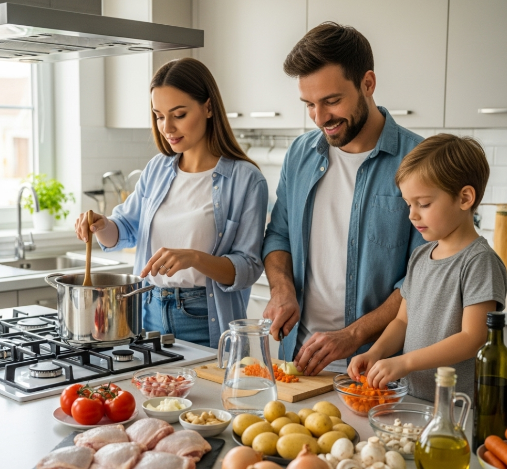 엄마 아빠 아이가 함께 주방에서 요리하는 모습 사진