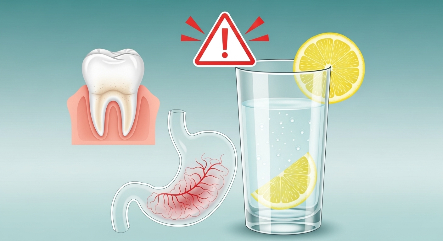 치아 부식, 위산 역류 등 레몬수의 주요 부작용을 경고하는 그림. 손상된 치아와 쓰린 위를 시각화한 이미지.