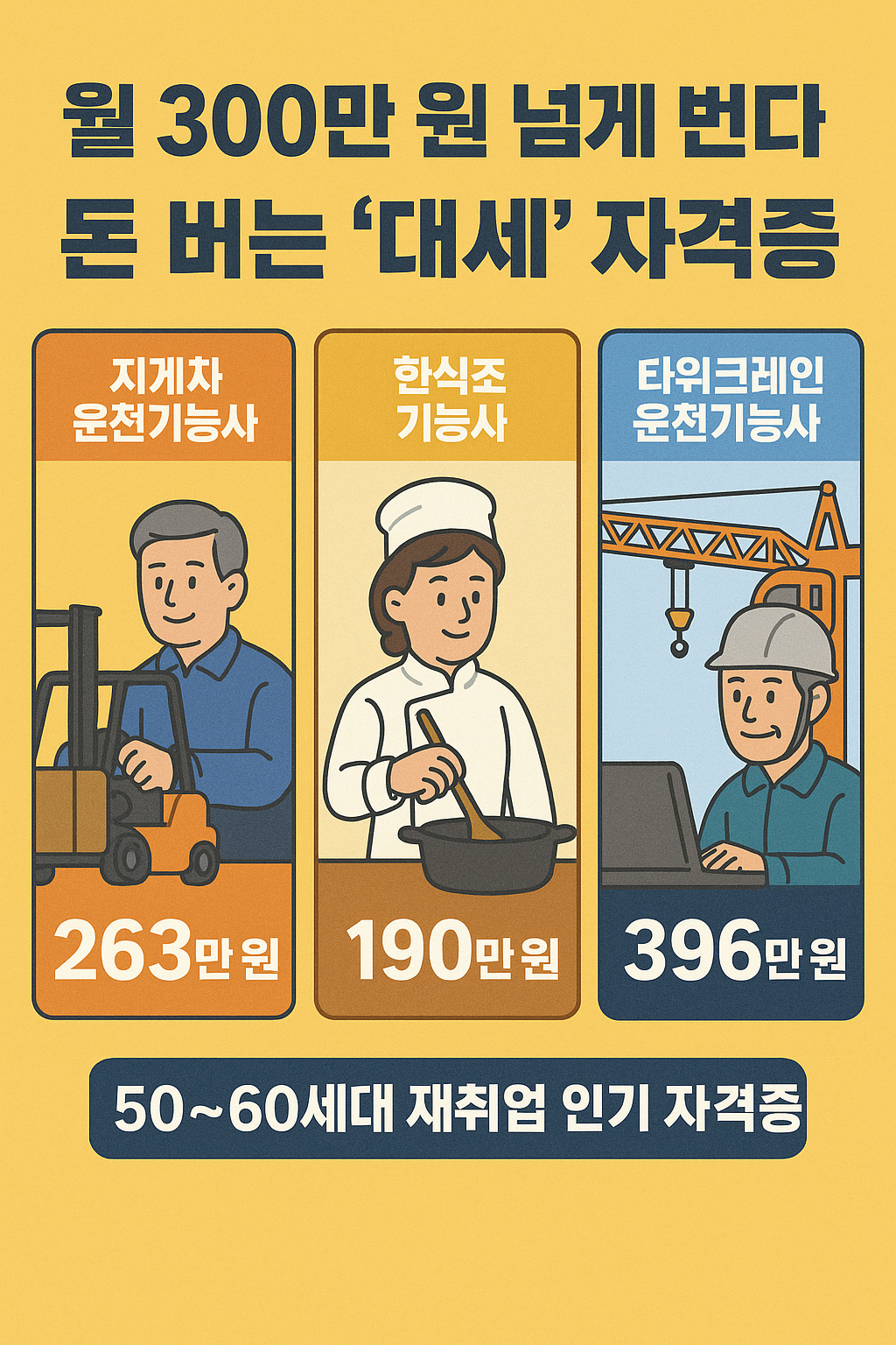 5060세대 재취업 인기 자격증(지게차·조리·타워크레인) 비교 인포그래픽