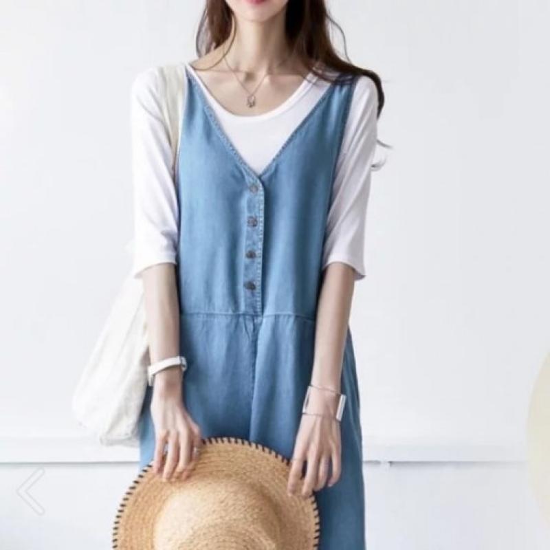 여성 멜빵바지 와이드핏 치마바지 점프슈트 브이넥 여름 휴가룩